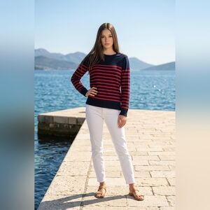 J. Crew Nautical Stripe Cotton Sweater Anchor Button Shoulder Navy Red S 97900
